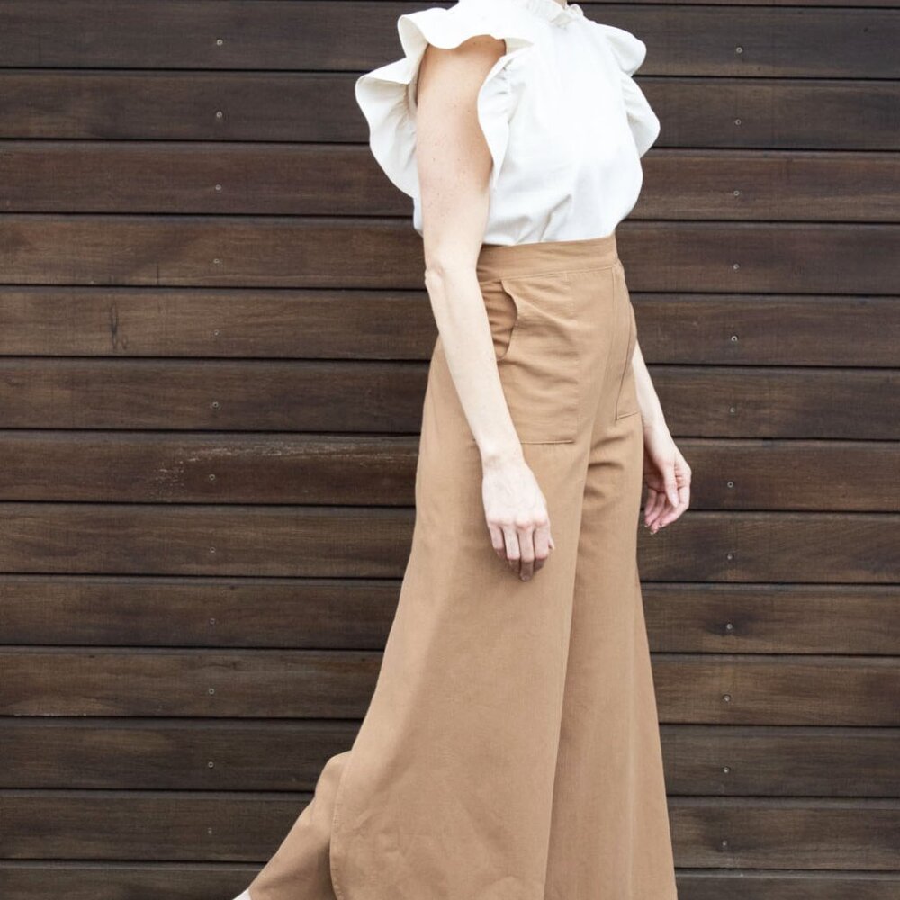 Tan Linen Side Split Trousers - Bohemian Style Pants One Size